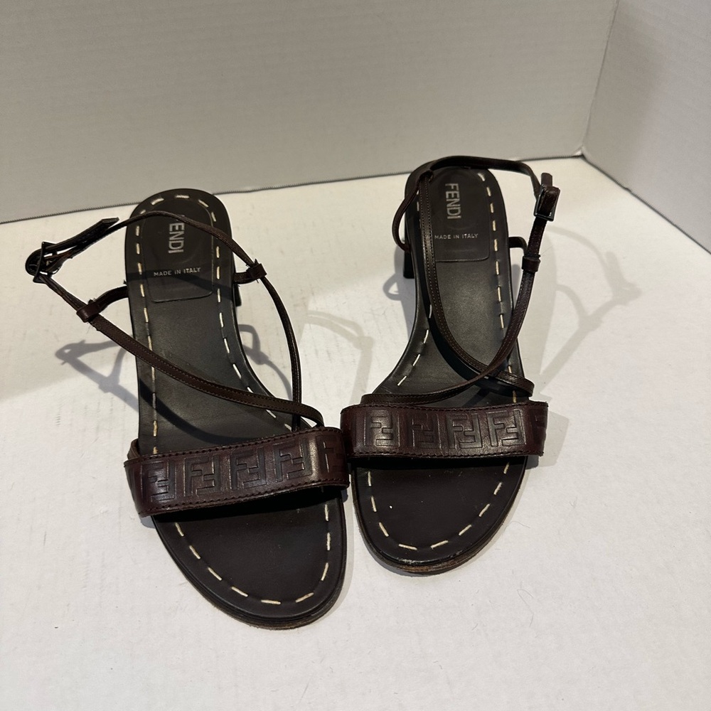 Fendi Dark Brown Leather Embossed Logo Strappy Sandals